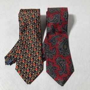 Lot of 2 Burberrys 100%‎ Silk Neck Ties Red Navy Paisley & Self Tipped Geometric
